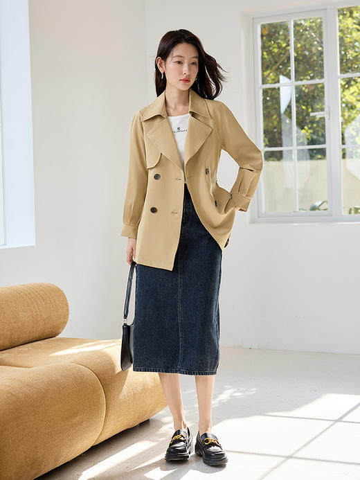 【专属特价】熙世界卡其色风衣女款2025新款春秋流行双排扣小个子中长款大衣 商品图4