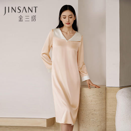 金三塔重磅22姆米真丝睡裙复古公主领轻奢长袖100%桑蚕丝家居服女  YSFEC303 商品图0