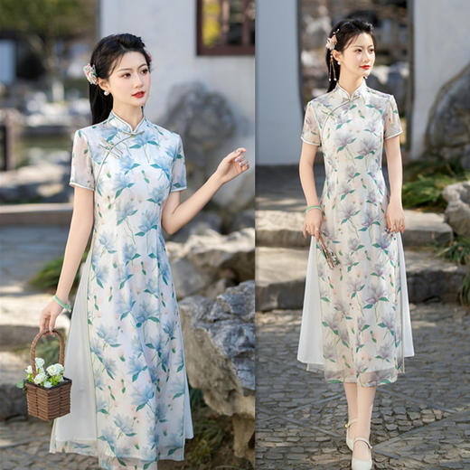 时尚改良素雅，中式天丝奥黛旗袍GX-281788 商品图0