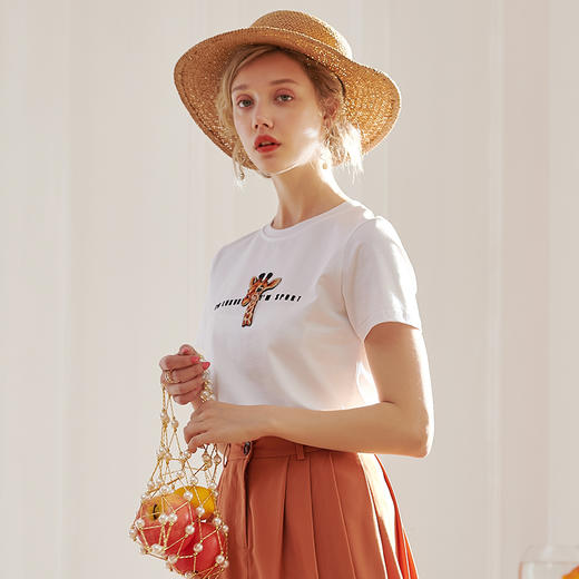 欧芮儿2020夏装新款圆领短袖白色T恤女印花百搭体恤修身打底上衣 商品图2