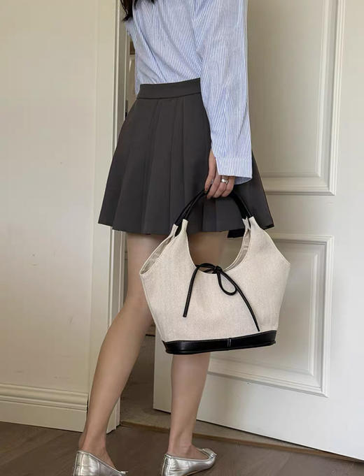 韩系蝴蝶结小众帆布拼接单肩腋下包大容量简约通勤时尚手提托特包 商品图1