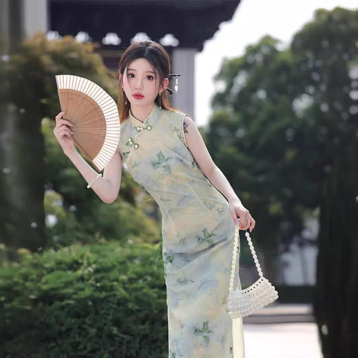网纱印花无袖，改良版绿色修身旗袍SJT676 商品图2