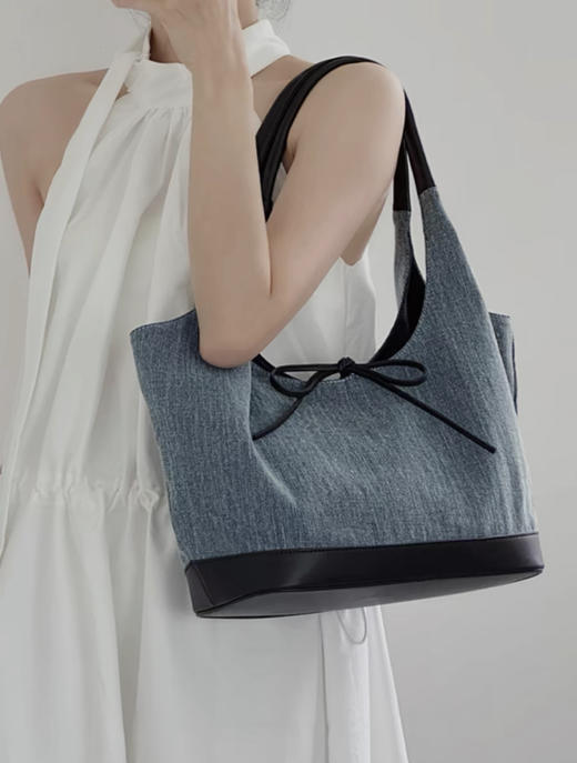 韩系蝴蝶结小众帆布拼接单肩腋下包大容量简约通勤时尚手提托特包 商品图2