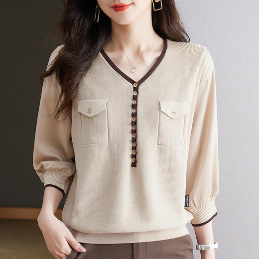 七分袖雪纺拼接t恤，冰丝针织衫v领上衣t桖CC- 10-5193 商品图1