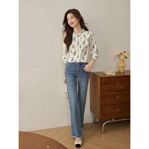 【五折购】熙世界2025早秋新款艺术水墨风玫瑰印花衬衫设计感长袖别致衬衣 商品图2