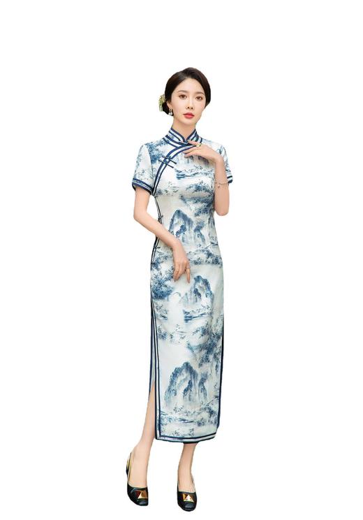 STF-3145新款春夏季女士长款修身真丝旗袍中长款日常服C3145 商品图3