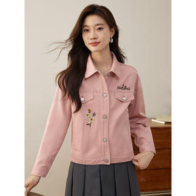 【专属特价】熙世界文艺复古字母绣花牛仔外套短款粉色夹克上衣2025秋装新款