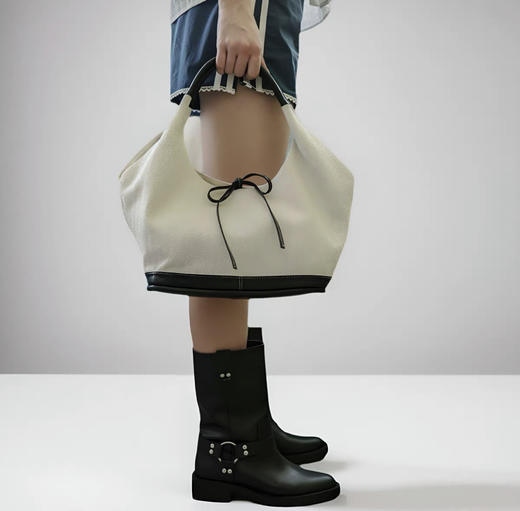 韩系蝴蝶结小众帆布拼接单肩腋下包大容量简约通勤时尚手提托特包 商品图3
