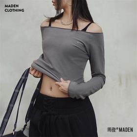 马登一字领幸运锦鲤印花长袖设计感气质t恤纯色修身显瘦打底衫春秋女