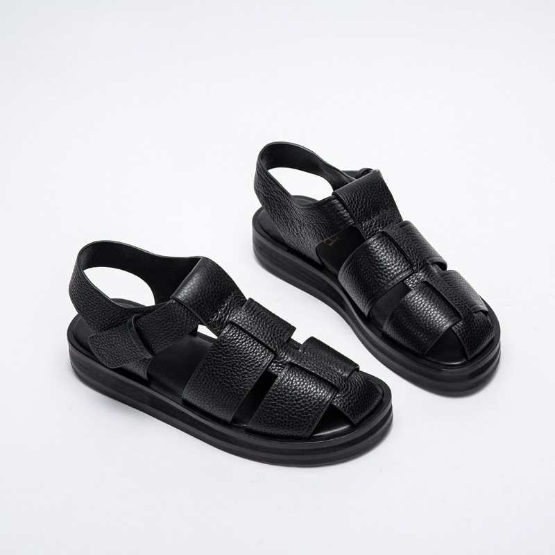 CHCH2024夏季女鞋包头真皮平底猪笼鞋复古缕空编织罗马鞋女鞋