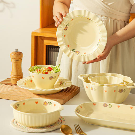 高级感奶油风餐具釉下彩碗碟套装家用盘子汤碗陶瓷碗乔迁新居礼品_ym 商品图0