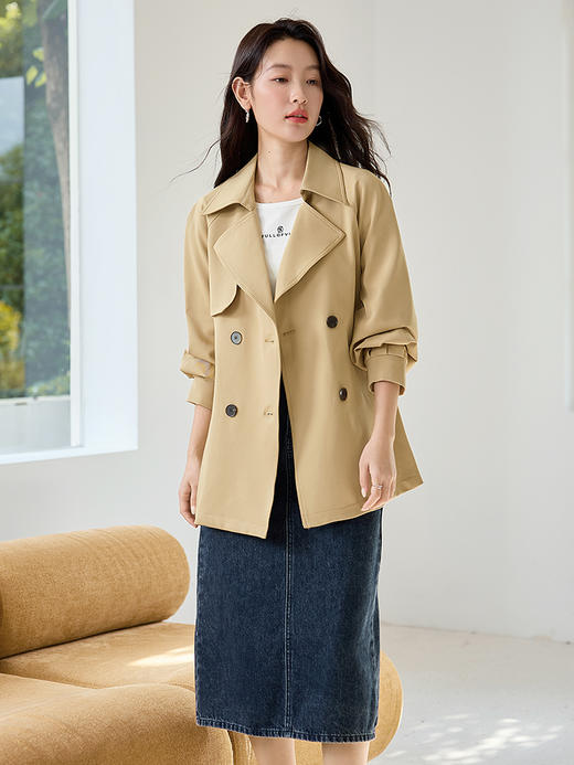 【专属特价】熙世界卡其色风衣女款2025新款春秋流行双排扣小个子中长款大衣 商品图2