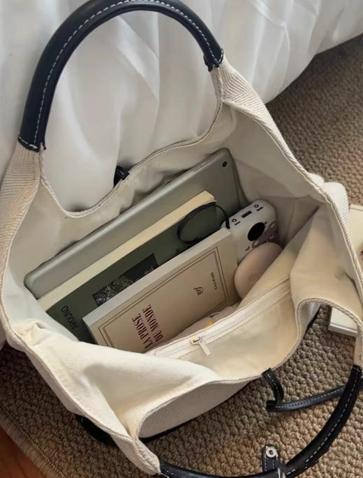 韩系蝴蝶结小众帆布拼接单肩腋下包大容量简约通勤时尚手提托特包 商品图4