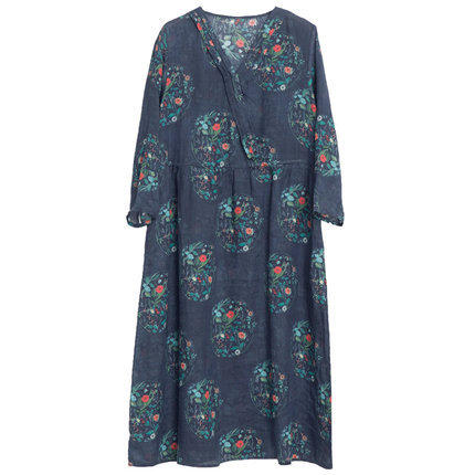 雀说复古宽松洋气宽松大码女装舒适V领亚麻中长款连衣裙ALA143-D5 商品图4