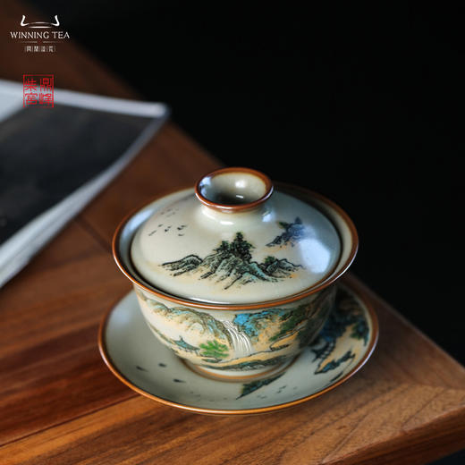 问鼎汝瓷鼎峰柴窑正德盖碗（山水1）（缺货） 商品图1