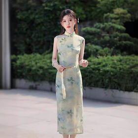 网纱印花无袖，改良版绿色修身旗袍SJT676