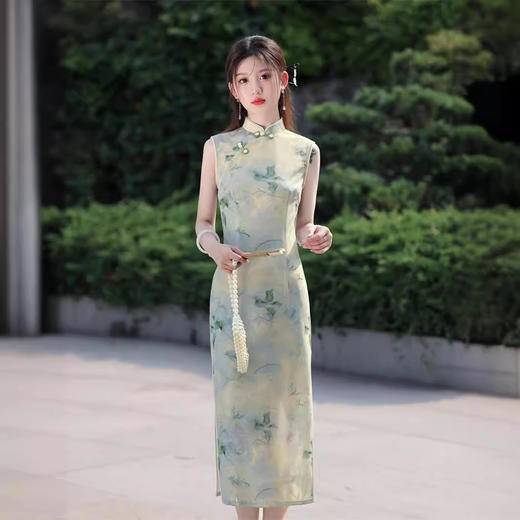 网纱印花无袖，改良版绿色修身旗袍SJT676 商品图0