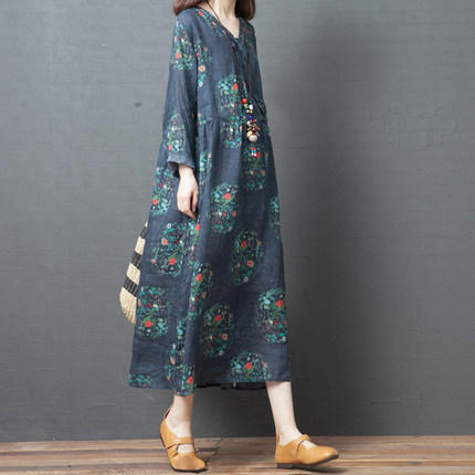雀说复古宽松洋气宽松大码女装舒适V领亚麻中长款连衣裙ALA143-D5 商品图0