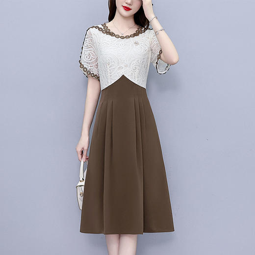 雀说撞色连衣裙女新款时尚洋气圆领减龄假两件显瘦中长裙AL1228 商品图1