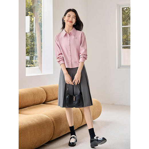 【年终特卖】熙世界设计感粉色衬衫女长袖2024秋新款假两件拼接上衣天丝衬衣 商品图4