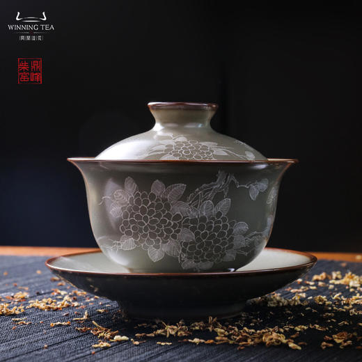 问鼎汝瓷鼎峰柴窑正德盖碗 （白描）（绣球花）（缺货） 商品图0