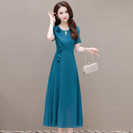 中长款时尚修身雪纺裙，圆领短袖荷叶边拼接洋气QYM-OMS-BXA439-L 商品图0