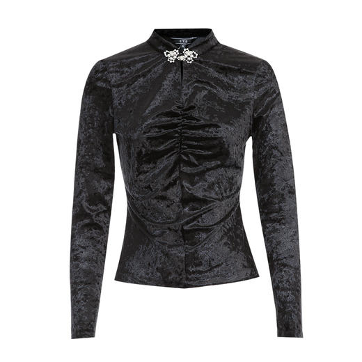 EITIE爱特爱优雅黑色丝绒中式盘扣修身显瘦长袖上衣秋季新款C2413402（轻微浮色 ，不要跟浅色系衣服一起穿/洗） 商品图5