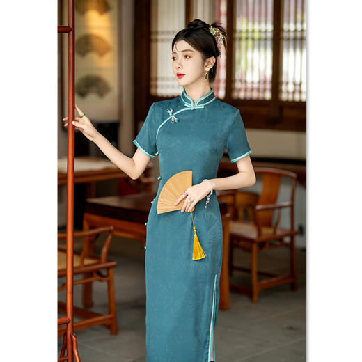复古中国风纯色，提花长款短袖旗袍GX-582487 商品图3