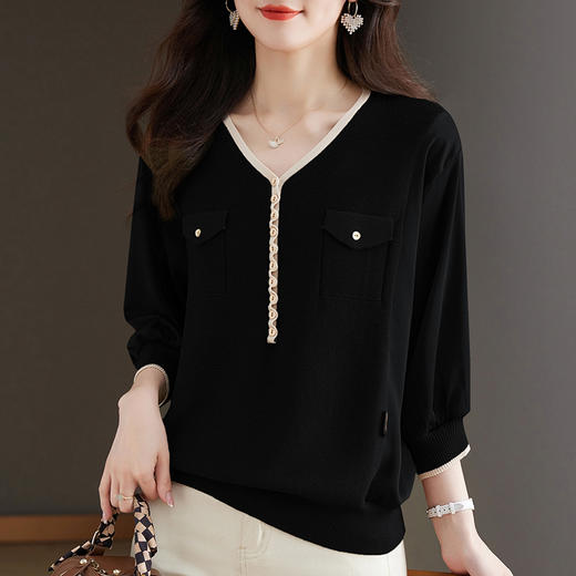 七分袖雪纺拼接t恤，冰丝针织衫v领上衣t桖CC- 10-5193 商品图3