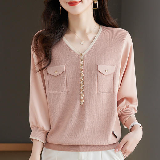 七分袖雪纺拼接t恤，冰丝针织衫v领上衣t桖CC- 10-5193 商品图0