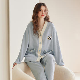 芬腾【空气棉夹层】女士睡衣纯棉V领长袖秋冬季休闲舒适家居服套装