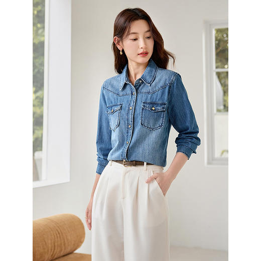 【年终特卖】熙世界复古休闲风牛仔衬衫2025秋装新款设计感时尚洋气翻领上衣 商品图2