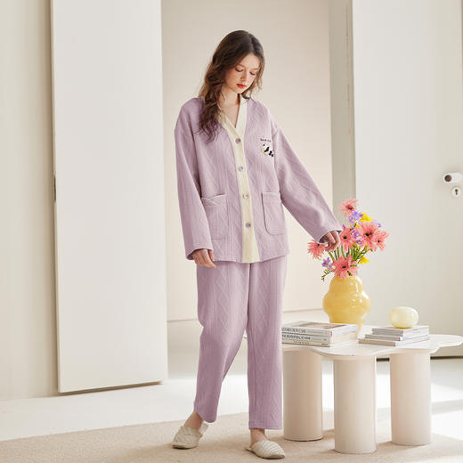 芬腾【空气棉夹层】女士睡衣纯棉V领长袖秋冬季休闲舒适家居服套装 商品图3