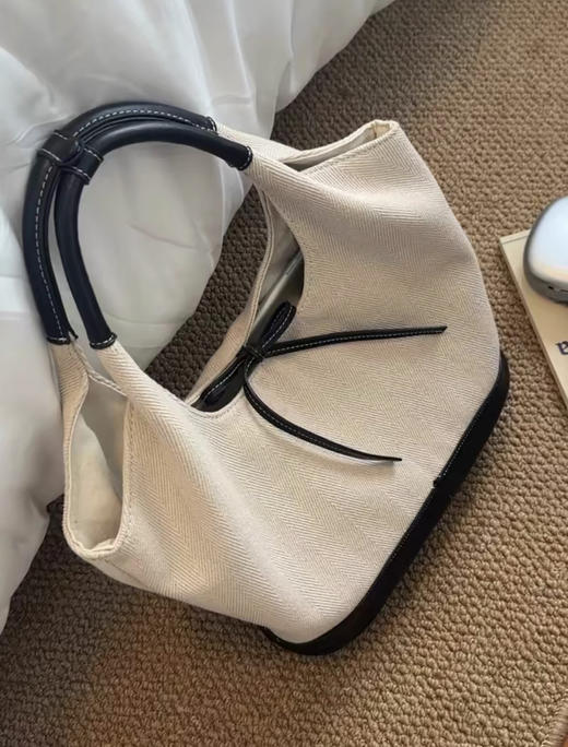 韩系蝴蝶结小众帆布拼接单肩腋下包大容量简约通勤时尚手提托特包 商品图5