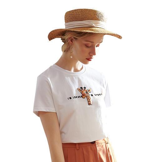 欧芮儿2020夏装新款圆领短袖白色T恤女印花百搭体恤修身打底上衣 商品图4