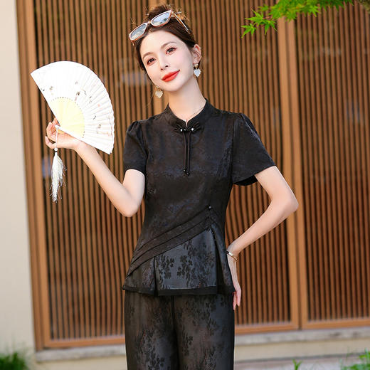 国风收腰褶皱小衫，直筒开衩阔腿裤两件套 QYM-TB-FD1195-Y 商品图4