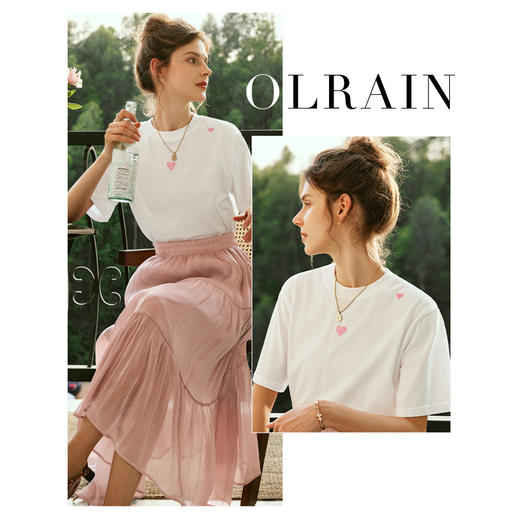 OLrain欧芮儿法式白色短袖T恤女夏季2023年新款宽松爱心刺绣上衣 商品图1
