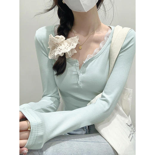 西遇白色蕾丝拼接长袖T恤新款辣妹甜美温柔性感上衣SS140258 商品图0