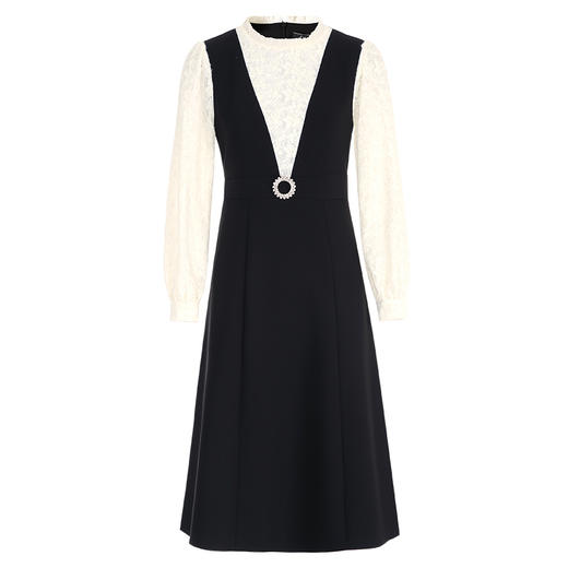 EITIE爱特爱精致木耳领蕾丝拼接假两件收腰a字连衣裙秋季新款C2407408 商品图5