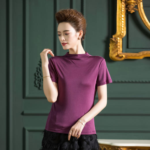 丁摩 纯色百搭真丝上衣女桑蚕丝短袖T恤潮修身针织衫4ZF-F2356 商品图3