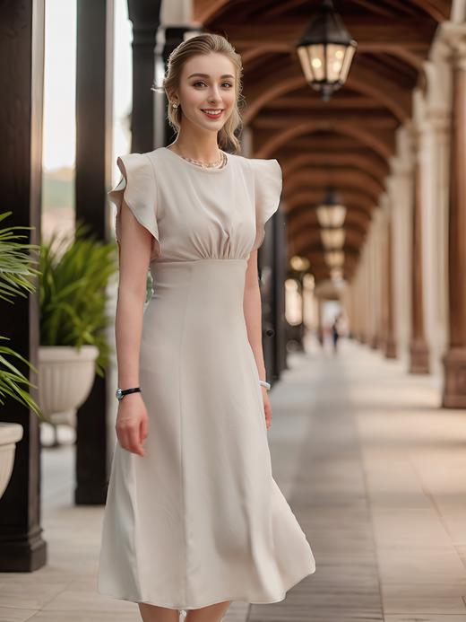 荷叶袖圆领气质通勤收腰连衣裙 商品图2