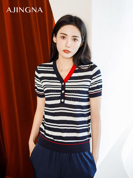 【商场同款】阿菁娜2024夏季新款撞色肌理感条纹毛衫A29X301008 商品图3