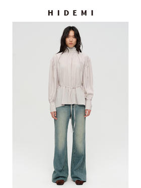 HIDEMI 极简廓形褶皱感立领丝巾绑带多穿式可拆卸腰带微褶衬衫上衣 海鸥灰/古铜砖红