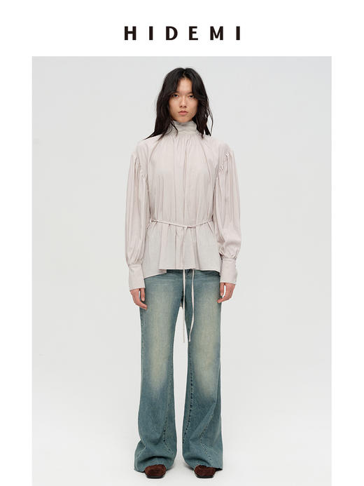 HIDEMI 极简廓形褶皱感立领丝巾绑带多穿式可拆卸腰带微褶衬衫上衣 海鸥灰/古铜砖红 商品图0