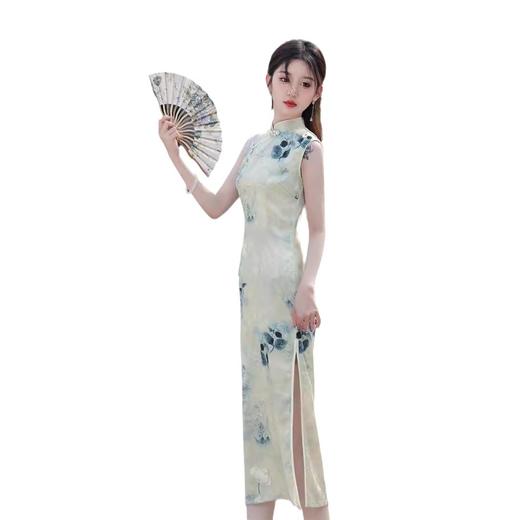 夏款无袖长款浅色国风水墨画修身旗袍SJT675 商品图4