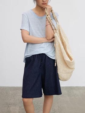 步履不停/4B45043C/休闲纯棉米色牛仔蓝针织五分裤短裤