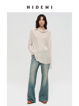 HIDEMI 经典极简立领堆堆领甄选醋酸羊毛弹力绒感针织长袖上衣 奶茶色/艺术炭灰