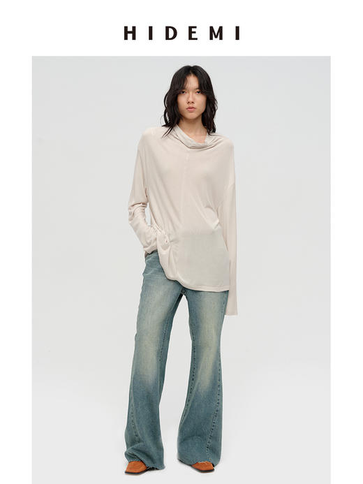 HIDEMI 经典极简立领堆堆领甄选醋酸羊毛弹力绒感针织长袖上衣 奶茶色/艺术炭灰 商品图0