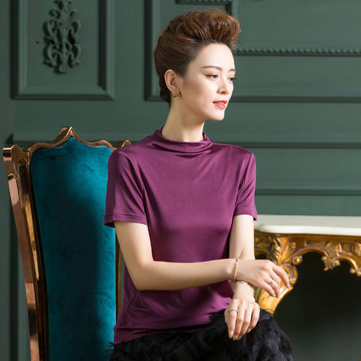 丁摩 纯色百搭真丝上衣女桑蚕丝短袖T恤潮修身针织衫4ZF-F2356 商品图0