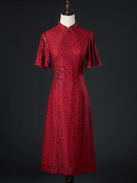 新款夏季新中式敬酒服新娘结婚红色蕾丝旗袍连衣裙礼服QQX-8822